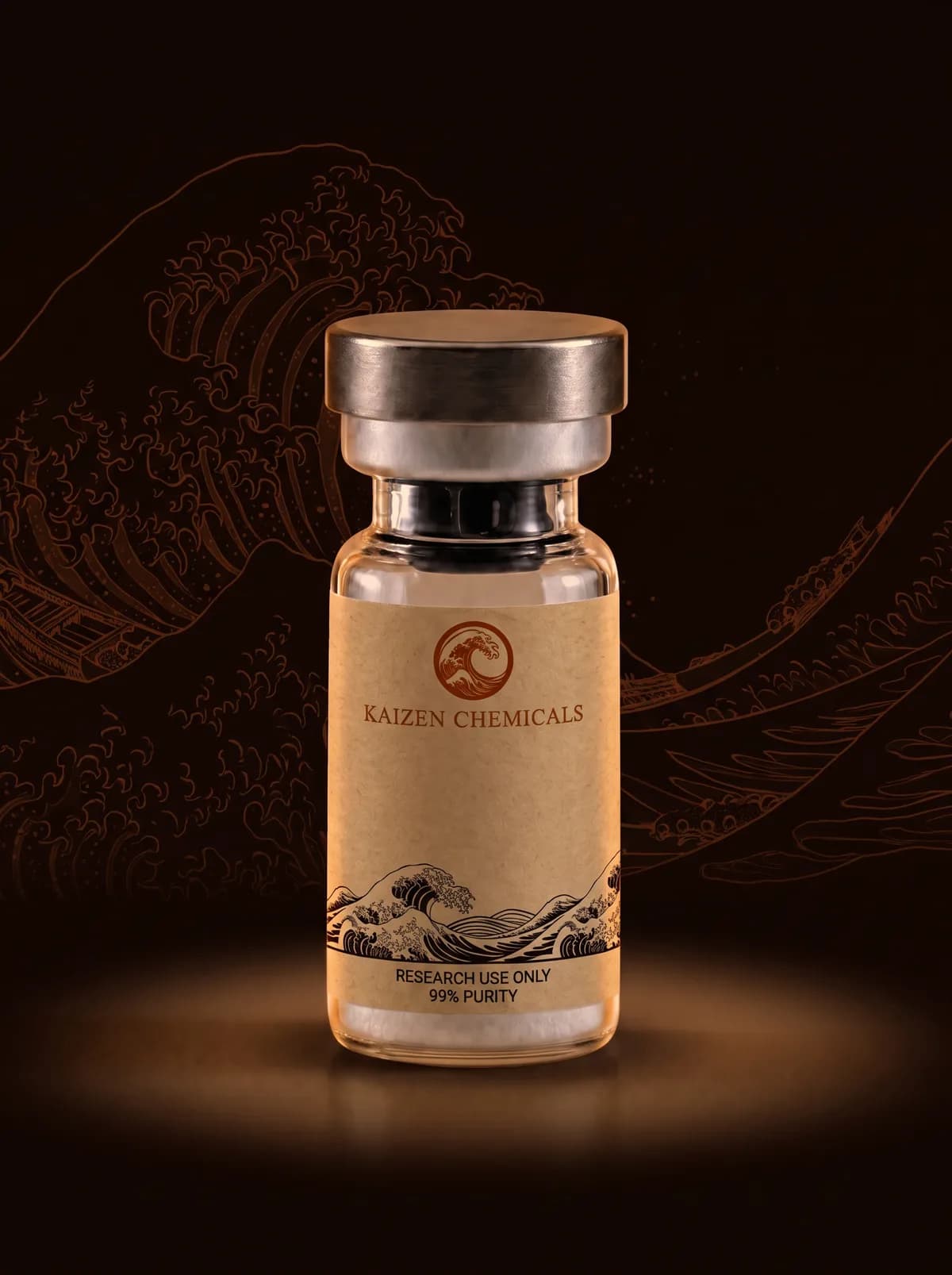 The house vial: kraft-paper wraparound label with the Kaizen wave seal and a black wave band, lit against a dark ground with orange wave linework behind it